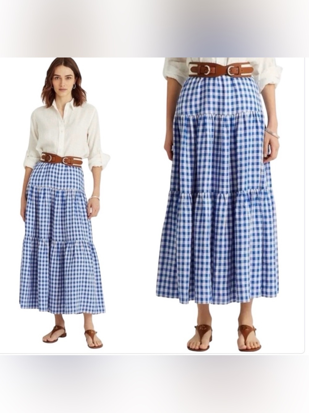 GAP Tiered Maxi Skirt Blue White Gingham Cotton Cottagecore Women’s 8